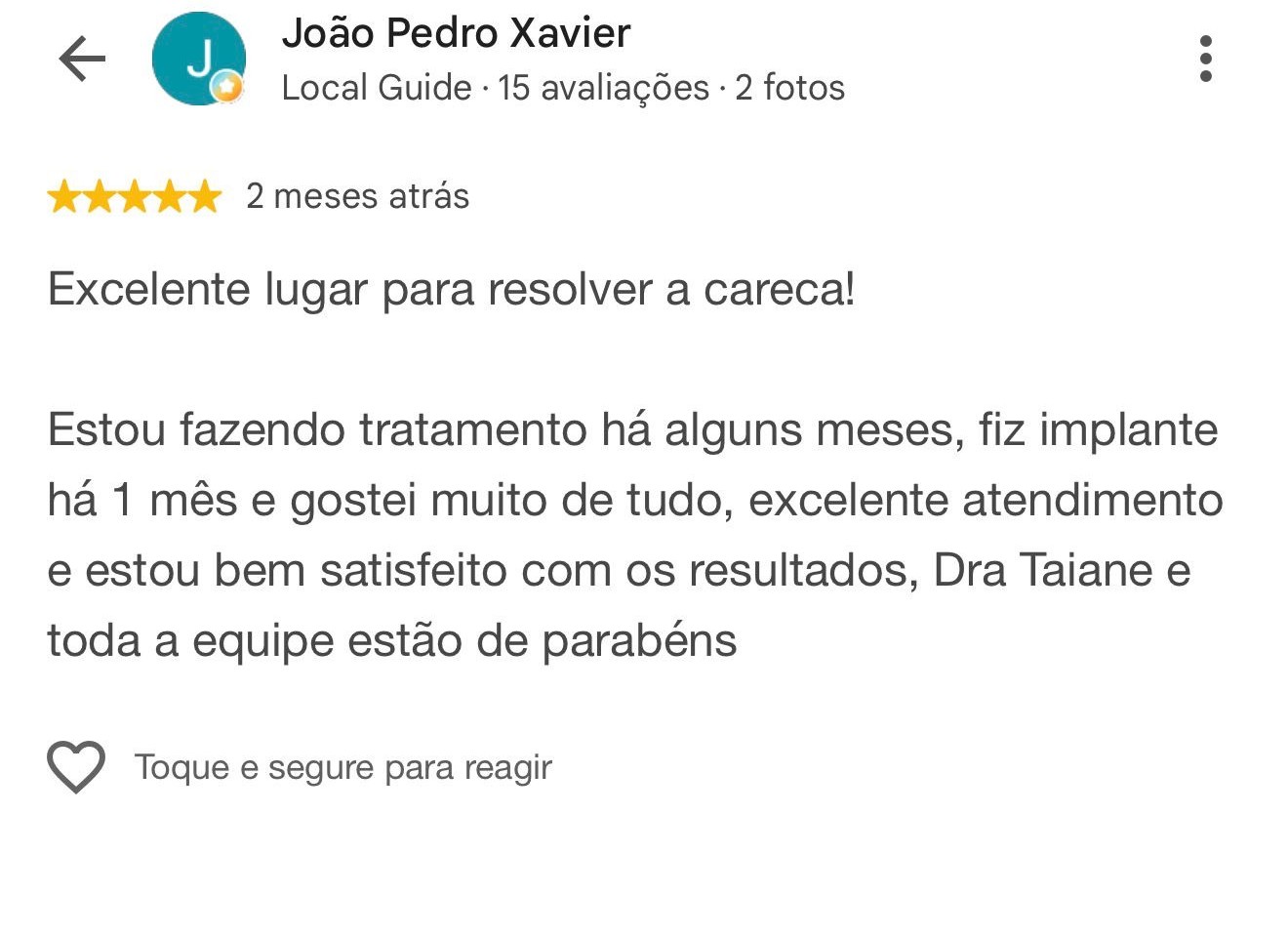 Avaliação de João Pedro: excelente atendimento no implante capilar